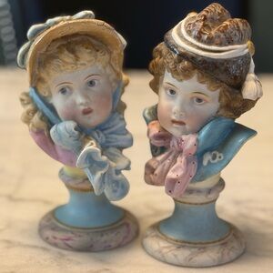 Antique German Bisque Bonnet head girl and boy